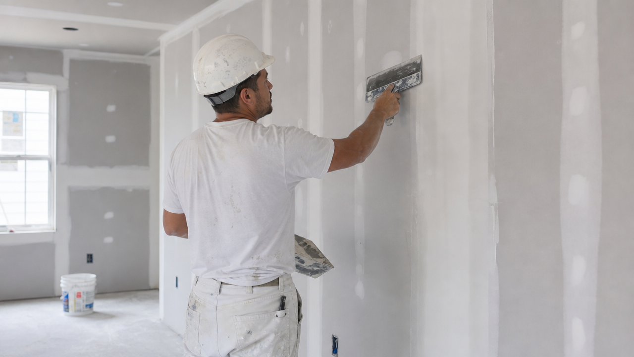 Worker applying joint compound to a wall with a finishing knife