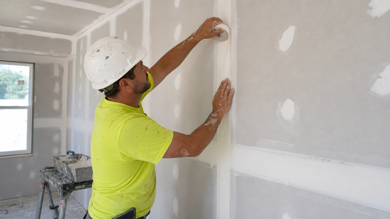 Worker applying joint tape to a drywall seam